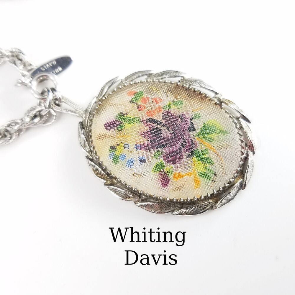 Whiting & Davis Floral Pendant Necklace, Silver Tone, Textured Glass, Vintage